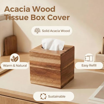 Acacia Wood Tissue Box Cover, Square Wooden Tissue Box Holder for Bathroom | Wooden Cube Tissue Cover with Slide-Out Bottom, Decorative Facial Cube Tissue Holder for Office, Modern Farmhouse Decor