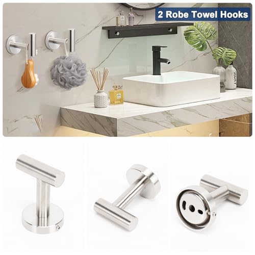 NearMoon 5 Pieces Bathroom Hardware Set SUS304 Thicken Stainless Steel-Towel Rack Kit Include 24" Towel Rod +Bath Towel Ring +Toilet Paper Holder +2 Robe Towel Hooks Bath Accessories (Nickel)