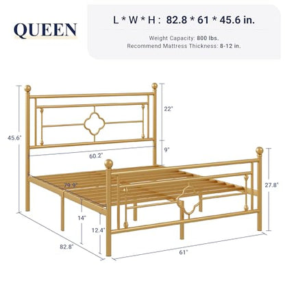 Allewie Queen Size Metal Platform Bed Frame, Victorian Headboard, Gold