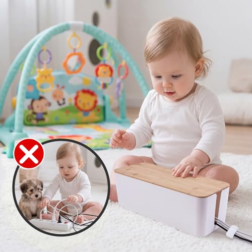 2 Pack Cable Management Box - Cord Organizer Box with Wooden Lid for TV Wires, Power Strips, Router, USB Hub & Under Desk Power: Baby & Pet Proof Cord Management, Cord Hider for Home & Office (White)