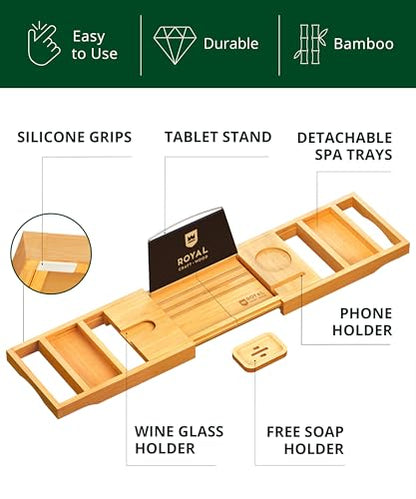 ROYAL CRAFT WOOD Premium Foldable Bathtub Tray Caddy - Wood Bath Tray for Tub, Bamboo Shelf, Expandable Bath Table Trays, Bathtub & Bathroom Accessories for New Home & Mothers, Birthday Gifts for Mom