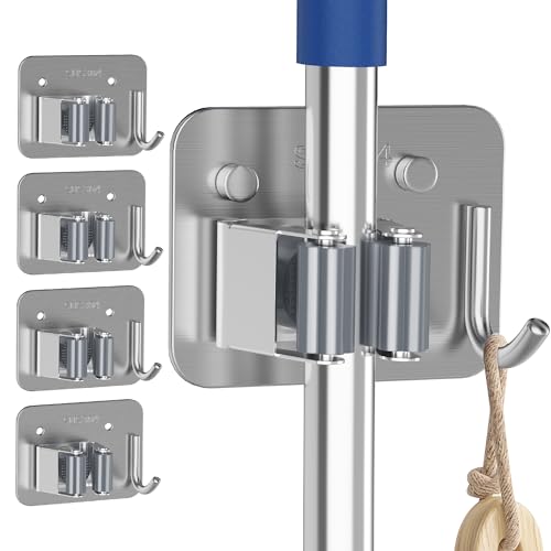 4 Pack Stainless Steel Mop and Broom Holder Wall Mount with Hook, Silver | Screw Drilling or Self Adhesive Storage Rack for Closet Laundry Garage Garden Tool Organizer