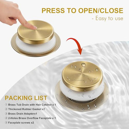 Champagne Bronze Bathtub Drain Kit with Overflow and Hair Catcher | Solid Brass Tip-Toe Tub Drain, with Two-Hole Overflow Cover, Universal Coarse/Fine Thread, for Bathroom Bath Tub, 11.5/16 UNC
