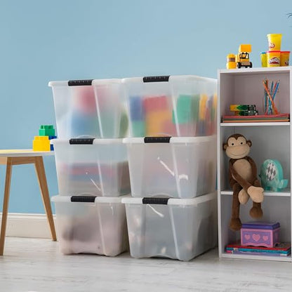 IRIS USA 6-Pack 40 Quart Storage Bins with Lids, Pearl | Conceals contents for a clean look. Perfect for moving, blankets, clothing, and garage storage. Nestable design saves space