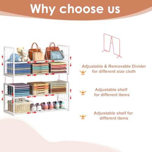 Hongtamoya Stackable Closet Storage Shelf with Adjustable Divider | Closet Organizer and Storage Container for Clothe, Jean Pant Shirt Sweater Purse Shoe, Use in Bedroom RV Closet System, White