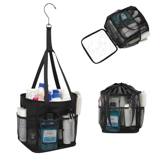 Mesh Shower Caddy Portable for College Dorm Room Essentials, Shower Tote Bag with Hanging Hook and Drawstring, Quick Dry Toiletry Bag with 6 Pockets for Bathroom, Swimming, Gym, Camping, Beach, Travel