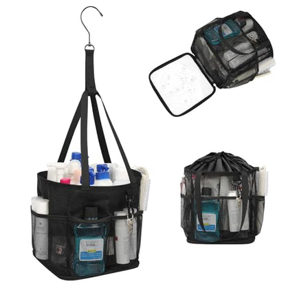 Mesh Shower Caddy Portable for College Dorm Room Essentials, Shower Tote Bag with Hanging Hook and Drawstring, Quick Dry Toiletry Bag with 6 Pockets for Bathroom, Swimming, Gym, Camping, Beach, Travel