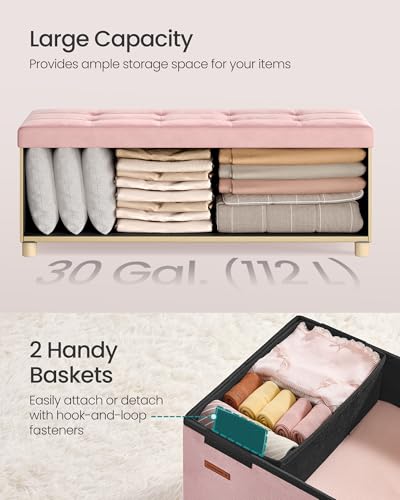 SONGMICS Storage Ottoman Bench, Folding Storage Chest, 15 x 43.3 x 15.7 Inches, Foot Rest Stool, 30 Gal. (112 L), Velvet Surface, for Bedroom, Entryway, Living Room, Jelly Pink ULSF0518R02