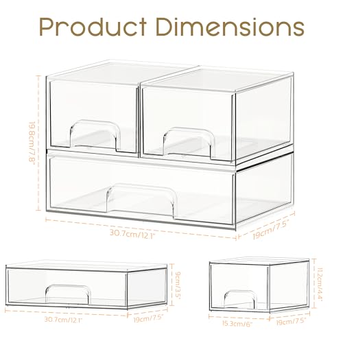 Stackable Storage Drawers, 3 Pack Clear Acrylic Makeup & Bathroom Organizer, Versatile Storage Bins for Vanity, Under Sink, Kitchen Cabinets & Pantry
