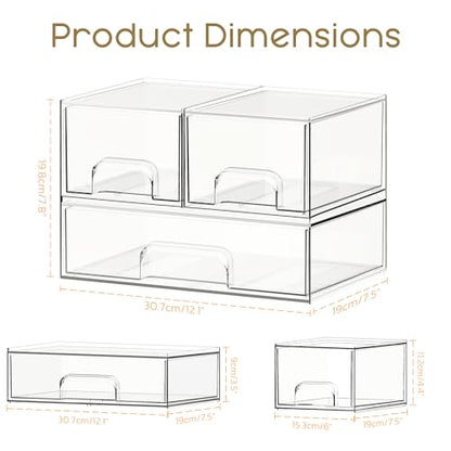 Stackable Storage Drawers, 3 Pack Clear Acrylic Makeup & Bathroom Organizer, Versatile Storage Bins for Vanity, Under Sink, Kitchen Cabinets & Pantry