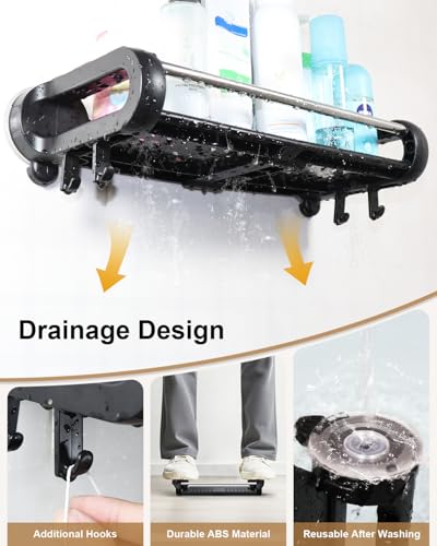 JOTPE Suction Cup Shower Shelf, Removable, Holds 22lbs, No Drilling, Black | suction cup shower shelf bathroom storage 22lbs removable reusable no marks quick drain easy install no drill smooth durable