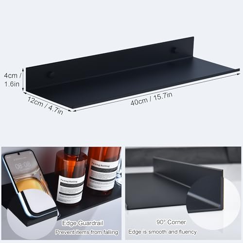 Adhesive Bathroom Shelves 2 Pack, Black Floating Wall Shelf 40cm | Metal Shower Caddy, Aerospace Aluminum, Renter-friendly, Rustproof & Waterproof, Drill/No Drill, Supports 5kg