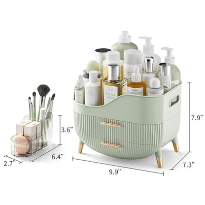 Pajiriona Makeup Organizer with Drawers, Green Skincare Organizer for Vanity, Storage Box with Handle, Large Cosmetic Display Case for Dresser, Bathroom Countertop