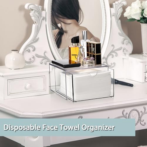 Sumnacon Disposable Face Towel Holder Clear Plastic Facial Towels Holder | Face Towels Case Organizer with Drawer Storage Compatible with Clean Skin Cluub Towel for Bathroom Vanity