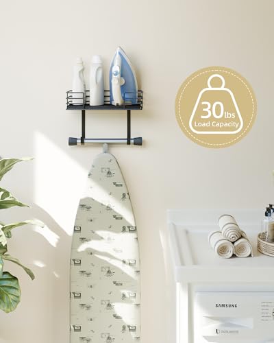 Ironing Board Holder Wall Mount, Metal Ironing Board Hanger with Shelf Laundry Room Decor and Accessories Iron Holder for Laundry, Fits T-Leg Ironing Board, Industrial Decor, Black