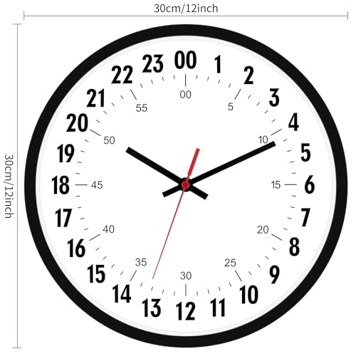 Foxtop 24 Hour Wall Clock, Battery Operated Analog Clock, 12" Black | Silent Non-Ticking, Military Time Clock, Round, for Classroom School Office Bathroom Living Room Bedroom Home, Easy to Read