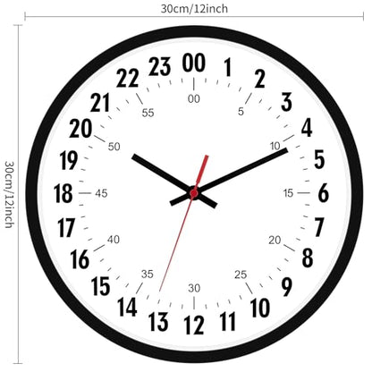 Foxtop 24 Hour Wall Clock, Battery Operated Analog Clock, 12" Black | Silent Non-Ticking, Military Time Clock, Round, for Classroom School Office Bathroom Living Room Bedroom Home, Easy to Read