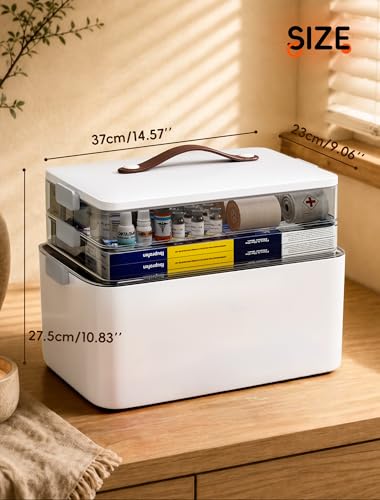 Medicine Organizer Box, 3-Tier Medicine Storage Box with Clear Trays and Carry Handle, Empty First Aid Kit Organizer for Pills, Bottles, Bandages, Home Cabinet