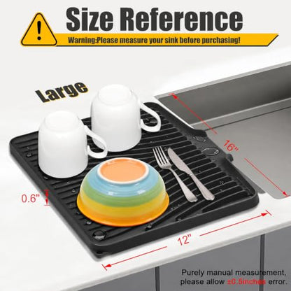 Silicone Dish Drying Mat for Kitchen Counter, Black-1pc, 16" x 12" | Heat Resistant & Non-Slip Dish Drain Pad with Built-In Drain, Dishwasher Safe, Quick-Dry, Hangable & Roll-Up for Storage
