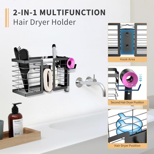 FUNKYLEE Hair Tool Organizer, 3 in 1 Metal Hair Dryer Holder Wall Mounted for Flat Iron, Curling Iron, Straightener, Styling Tools Bathroom Storage and Organizer (Black)