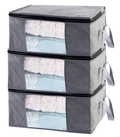 Storage Clothes Bins Closet Bags - 35L Containers Organizer Boxes Clothing Bin Organization for Organizing Blanket Pillow Sheet Sweater, Foldable Bedroom Small Storage Totes With Lids Zipper, 3pc Pack