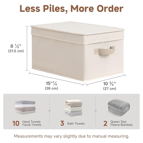 StorageWorks Fabric Storage Bins with Lids, Decorative Storage Bins with PU Handles, Foldable Storage Baskets for Closet, Shelves, Stackable and Sturdy Organization, Beige(Cotton Linen), Large, 3-Pack