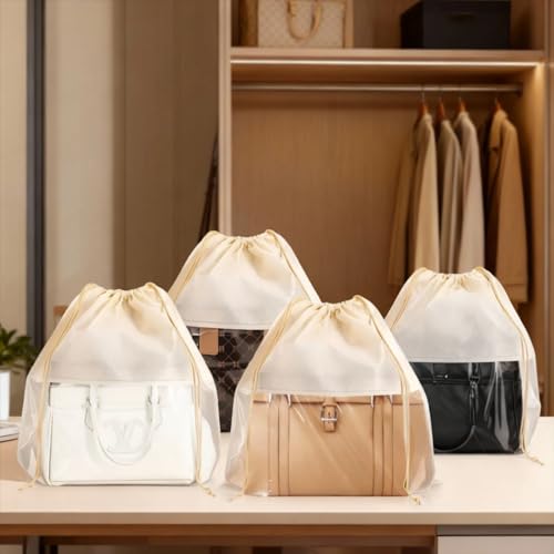 16 Pcs Beige Dustproof Drawstring Bags Purse Dust Storage Bags for Handbags Covers Non Woven Fabric Cloth Pouch String Packing Organizer Shoe Pouch(4 Sizes)