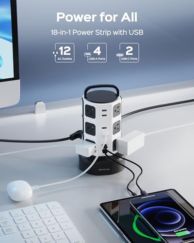 Power Strip Tower Surge Protector, 1050J, 12 AC 6 USB (2 USB C), 6.5Ft | Extension Cord with Multiple Outlets, 1625W/13A Outlet Extender, Power Tower, Charging Station for Home Office, School, Dorm
