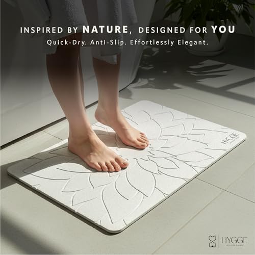 Diatomaceous Earth Stone Bath Mat - Ivory Bloom | Modern Fast Dry Bathroom Floor Shower Mat, Quick Drying Premium Luxury Diatomite Spa Stone Gift, Non-Slip Base, 23.6” x 15.4”