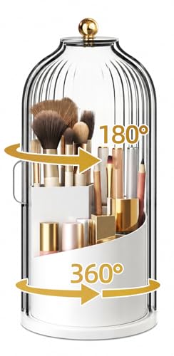 Covered Makeup Brush Holder with Sliding Lid, 360° Rotating Makeup Organizer Countertop for Vanity, Bathroom, Make up/Nail Brushes Storage, Dustproof Toothbrush Holders with Cover for Bathrooms, White