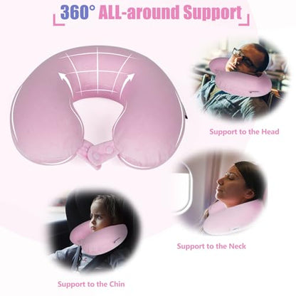 SAIREIDER Travel Neck Pillow 100% Memory Foam, Airplane Rest Prevents Head from Falling Forward, Plane Accessories with Storage Bag, Sleep Mask and Earplugs (Pink)