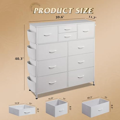 WLIVE 10 Drawer White Fabric Dresser for Bedroom, Side Pockets Chest | White Fabric chest of drawers with side pockets & hooks, perfect baby dresser for nursery kids bedroom toddler closet storage