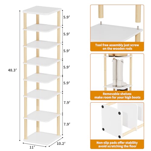 8 Tiers Vertical Shoe Rack, Tall Narrow Shoe Tower, Corner Shoe Rack, White | Small Shoe Organizer for Entryway, Closet, Dorm & Small Spaces, Freestanding Wooden Shoe Shelf for Boots, Sneakers, Heels.