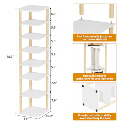 8 Tiers Vertical Shoe Rack, Tall Narrow Shoe Tower, Corner Shoe Rack, White | Small Shoe Organizer for Entryway, Closet, Dorm & Small Spaces, Freestanding Wooden Shoe Shelf for Boots, Sneakers, Heels.