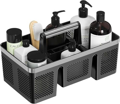 Plastic Shower Caddy Dorm: Portable Cleaning & Shower Caddy with Handle, 4 Divided Compartments, All-Side Drainage, Rigid Plastic Basket Tote for College Dorm & Bathroom Use, Black/Silver