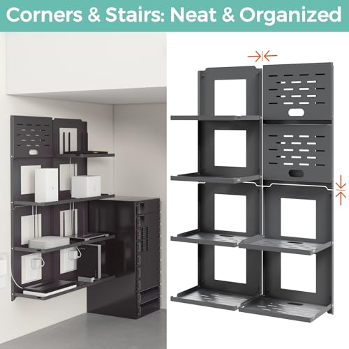 2-Tier Router Shelf Wall Mount Foldable - 10 inch Metal Outlet Shelf w/Cable Holes | Dual-Layer Organize & Connect for Router and Modem & Smart Home Decor | Folds Up & Stackable (Medium)