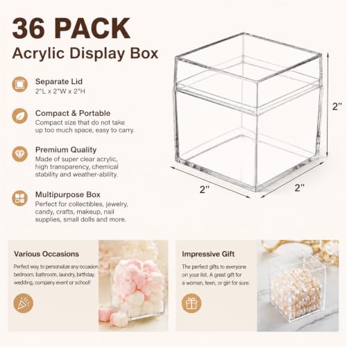 Okllen 36 Pack Acrylic Boxes with Lid, Clear Square Cubes Treat Gift Boxes Candy Storage Container for Candy, Little Trinkets, Jewelry, Party Favor, 2''x2''x2''/5x5x5CM