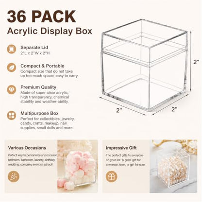 Okllen 36 Pack Acrylic Boxes with Lid, Clear Square Cubes Treat Gift Boxes Candy Storage Container for Candy, Little Trinkets, Jewelry, Party Favor, 2''x2''x2''/5x5x5CM