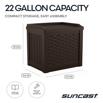 Suncast Outdoor Deck Box - 22 Gallon Java Resin Outdoor Storage Box, Weatherproof Patio Storage Bin Container for Seating & Organizing Cushions, Tools & Towels for Pool, Yard, & Garden