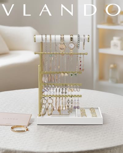 VLANDO Jewelry Stand Organizer with Ring Holder, Jewelry Holder Organizer with Tray, Necklace Holder Bracket Holder Earring Holder - White