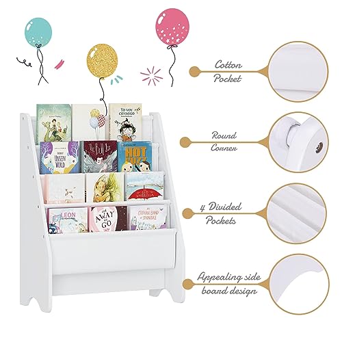UTEX Kids Bookshelf Storage, Thick Cotton Sling Book Shelf for Kids Rooms | 4-Tier Toddler Magazine Book Rack, Children Book Organizer, Front Facing, Deep, Space Saving, Toddler Room, Gift, White