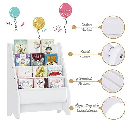 UTEX Kids Bookshelf Storage, Thick Cotton Sling Book Shelf for Kids Rooms | 4-Tier Toddler Magazine Book Rack, Children Book Organizer, Front Facing, Deep, Space Saving, Toddler Room, Gift, White