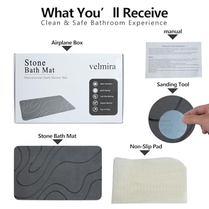 Stone Bath Mat, Quick Dry Shower Mat, Diatomaceous Earth Shower Mat, Non-Slip Hard Surface, Ultra Absorbent Bathroom Floor Mat for Tub, Entry, or Sink – 23.6" x 15.4", Gray (Wave)