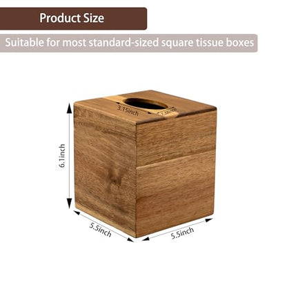Tissue Box Cover Square, Acacia Wood Tissue Box Holder with Slide-Out Bottom, Wooden Tissue Box Cover Cube for Bathroom, Bedroom, Dinner Table, 5.5 x 5.5 x 6.1 inches