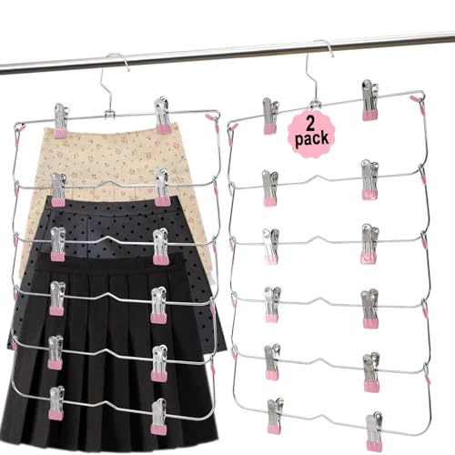 Skirt Pants Hangers with Clips,6Tier Skirt Hangers Space Saving,Metal Multi Pants Hangers and Storage Multi Clothes Shorts Hanger Organization,Space Saving Hangers with Clips (Pink, 2-Piece Set)