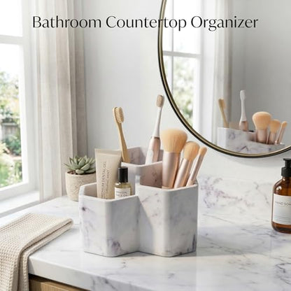 Resin Toothbrush Holder, 3-Slot Bathroom Countertop Organizer | 3-slot resin holder organizes toothbrushes, toothpaste, razors, and makeup brushes for bathroom vanity, countertop, or shower