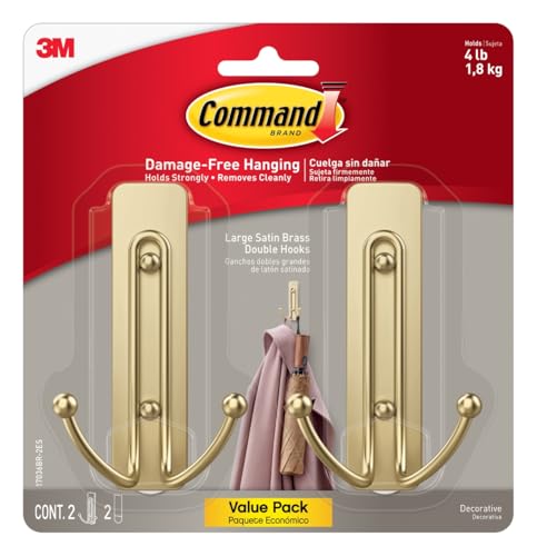 Command Large Bronze Double Hooks, 2 Hooks, 2 Strips | Damage-Free Wall Hooks with Adhesive Strips, No Tools Coat Hooks for Hanging Home Decor, Holds up to 4 lb