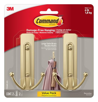 Command Large Bronze Double Hooks, 2 Hooks, 2 Strips | Damage-Free Wall Hooks with Adhesive Strips, No Tools Coat Hooks for Hanging Home Decor, Holds up to 4 lb