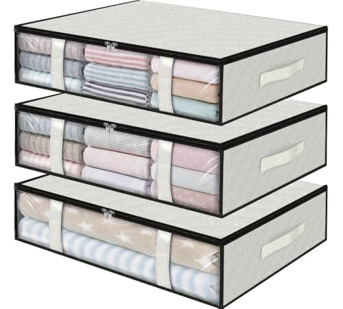 StorageRight Under Bed Storage Bags, 3 Pack, 40L, White | Breathable Non-Woven Fabric with a Clear Window and Zippered Top for Clothes, Comforters, Blankets and Seasonal Storage