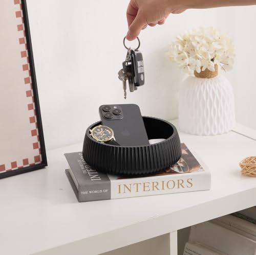 Concrete Key Bowl for Entryway Table, 7" Key Holder Bowl for Keys, Black | Charcoal Black - Handcrafted - Solid Concrete - Smooth Matte Finish - Fluted Design - Minimalist & Organic Modern Home Decor